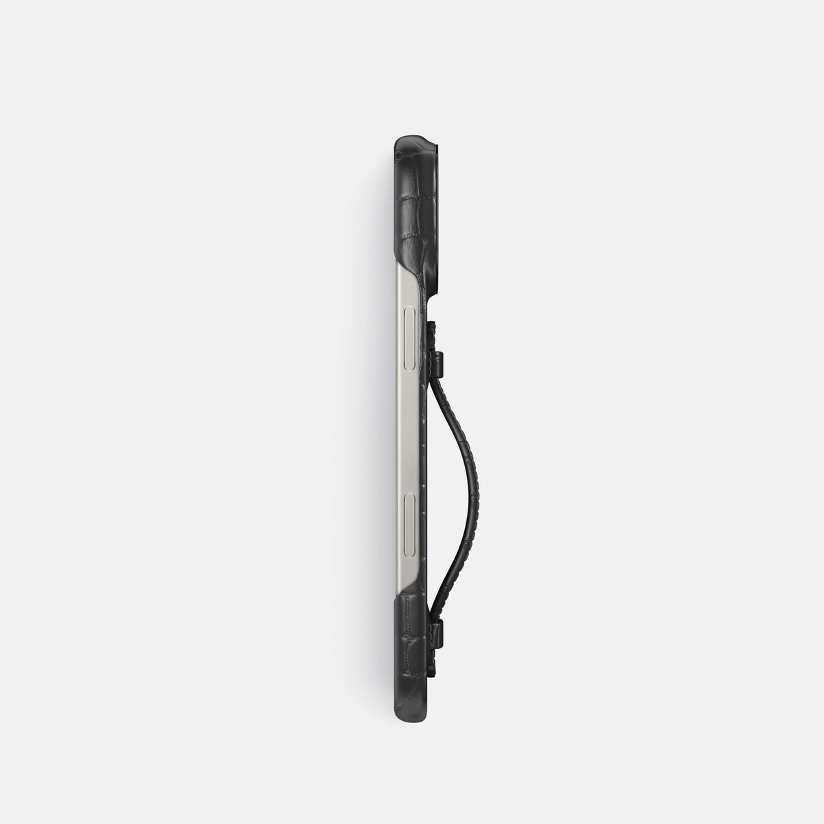 Grey iPhone 16 Pro Centre Handle Case In Alligator with Black Metal -3 | Grey-Black