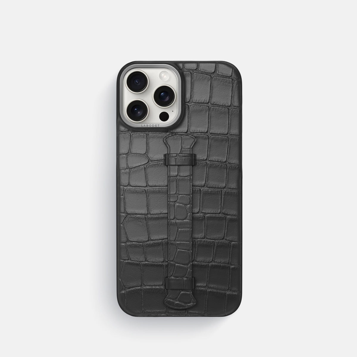 Grey iPhone 16 Pro Centre Handle Case In Alligator with Steel Metal -1 | Grey-Steel