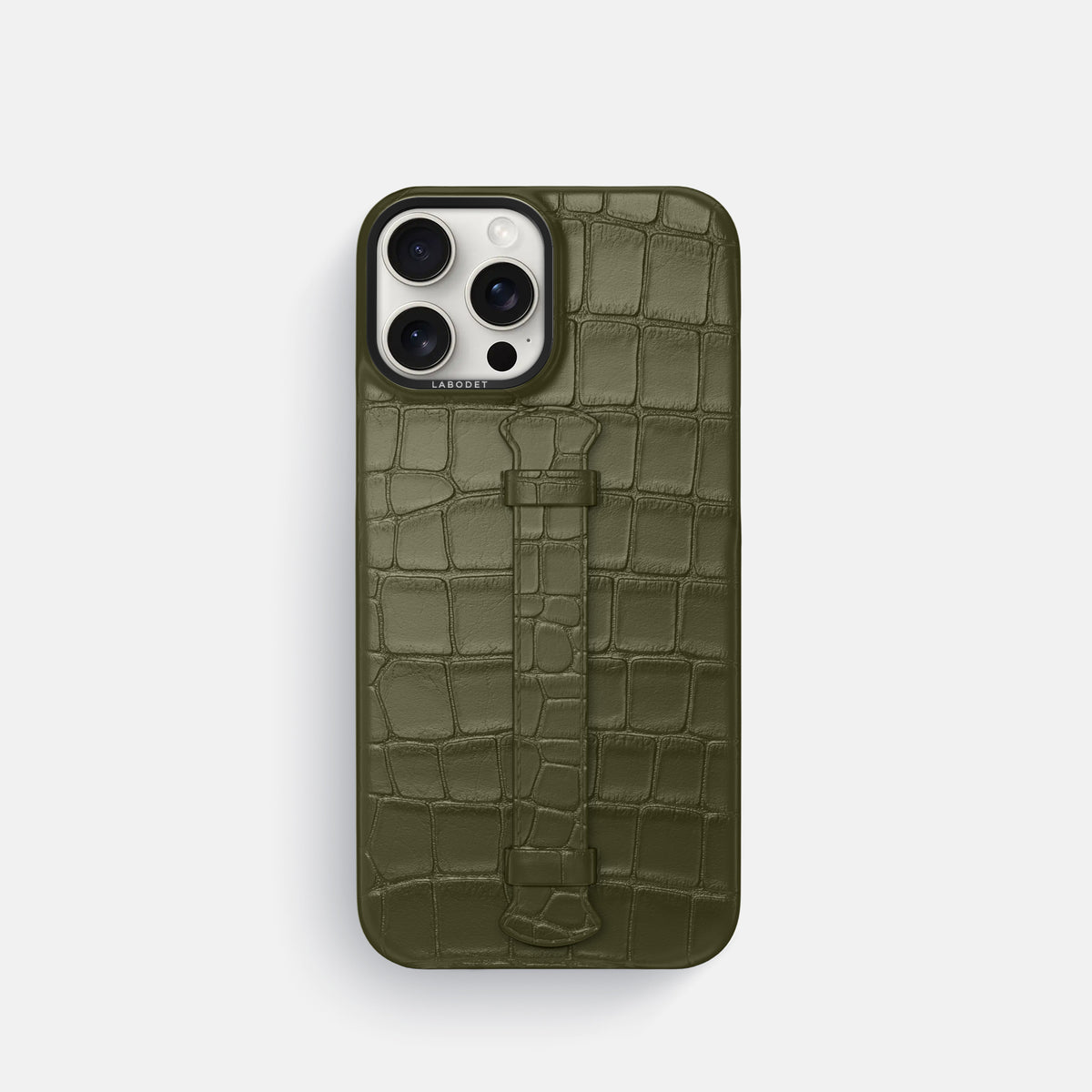 Kaki-Green iPhone 16 Pro Centre Handle Case In Alligator with Black Metal -1 | Kaki-Green-Black