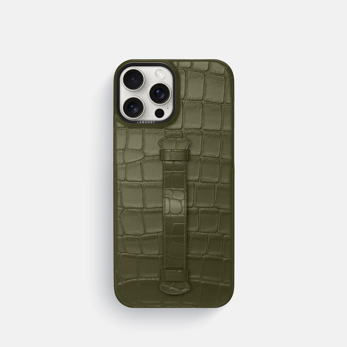 Kaki-Green iPhone 16 Pro Centre Handle Case In Alligator with Black Metal -2 | Kaki-Green-Black