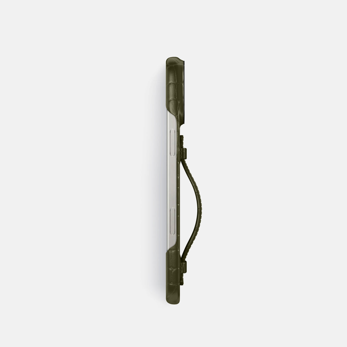 Kaki-Green iPhone 16 Pro Centre Handle Case In Alligator with Black Metal -3 | Kaki-Green-Black
