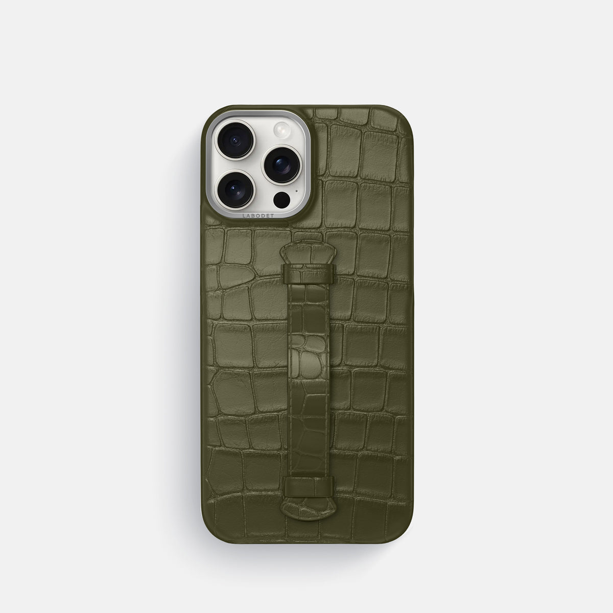 Kaki-Green iPhone 16 Pro Centre Handle Case In Alligator with Steel Metal -2 | Kaki-Green-Steel
