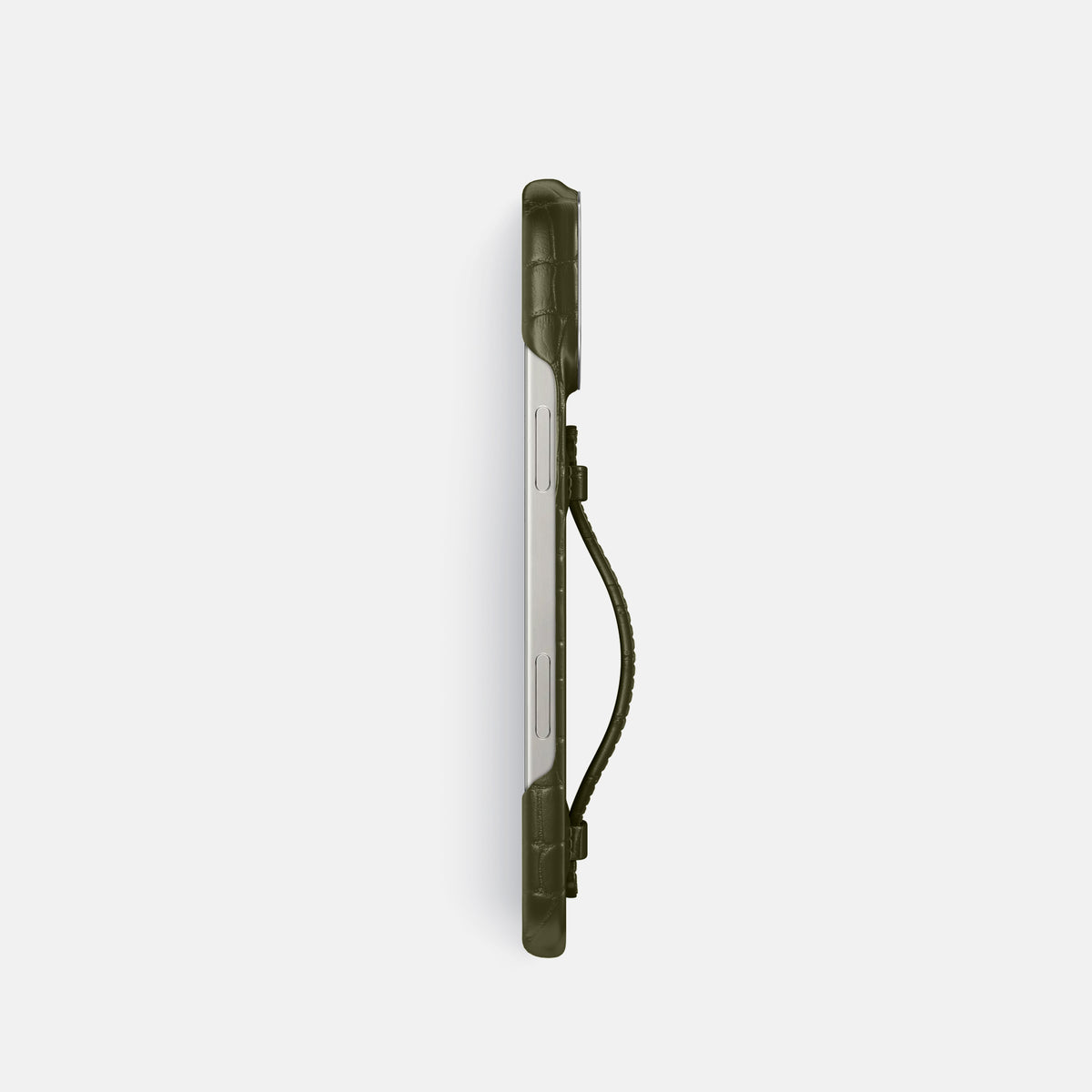 Kaki-Green iPhone 16 Pro Centre Handle Case In Alligator with Steel Metal -3 | Kaki-Green-Steel