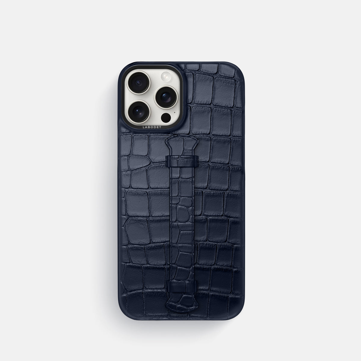 Navy Blue iPhone 16 Pro Centre Handle Case In Alligator with Black Metal -1 | Navy-Blue-Black