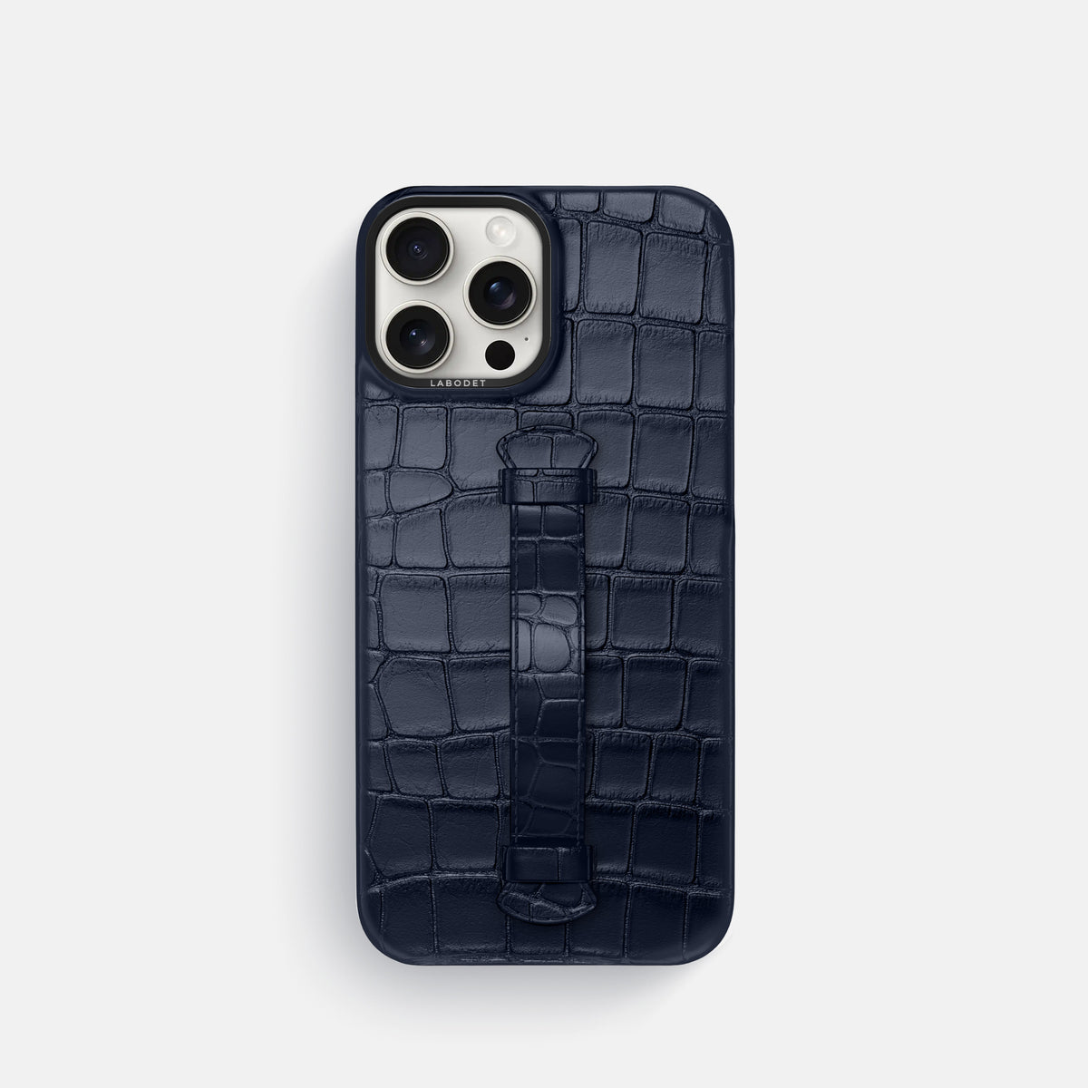 Navy Blue iPhone 16 Pro Centre Handle Case In Alligator with Black Metal -2 | Navy-Blue-Black