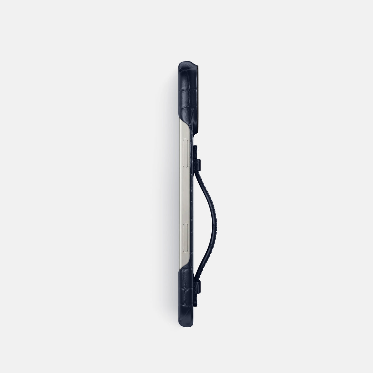 Navy Blue iPhone 16 Pro Centre Handle Case In Alligator with Black Metal -3 | Navy-Blue-Black