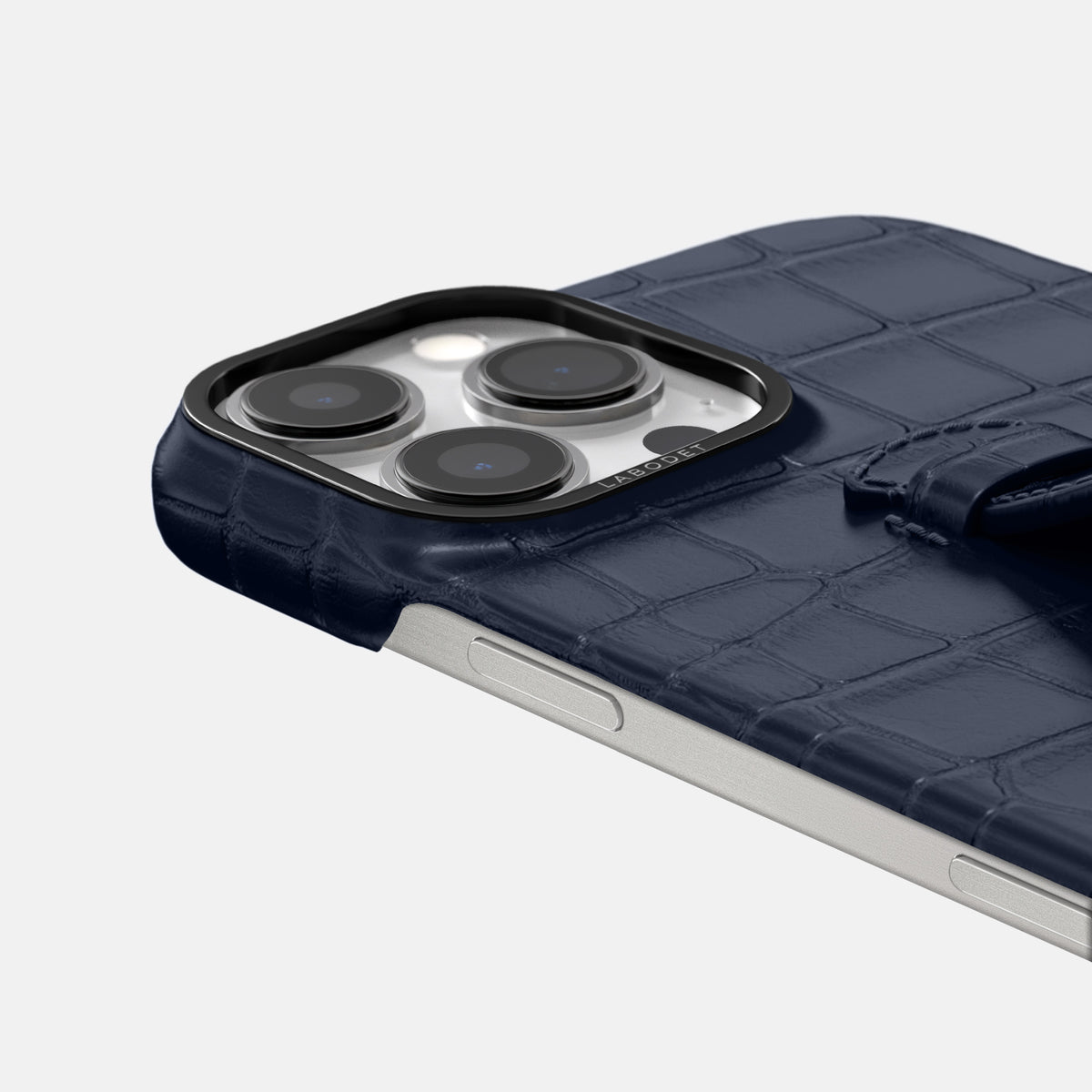 Navy Blue iPhone 16 Pro Centre Handle Case In Alligator with Black Metal -5 | Navy-Blue-Black