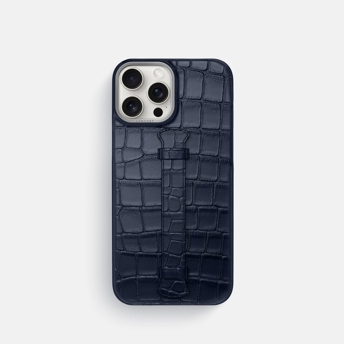 Navy Blue iPhone 16 Pro Centre Handle Case In Alligator with Steel Metal -1 | Navy-Blue-Steel