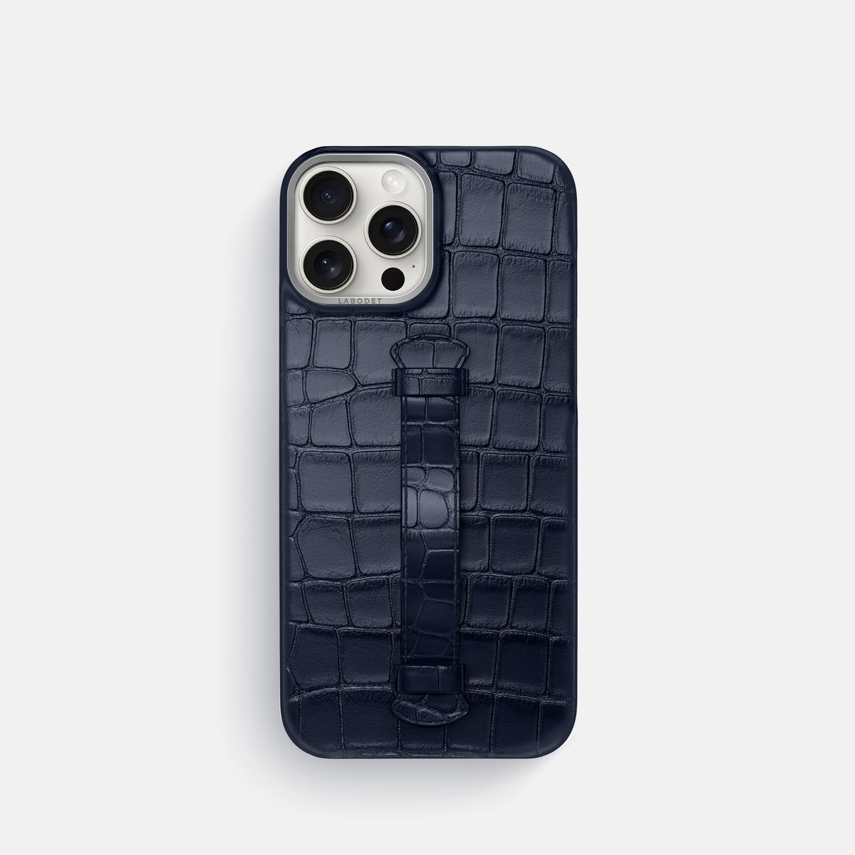 Navy Blue iPhone 16 Pro Centre Handle Case In Alligator with Steel Metal -2 | Navy-Blue-Steel
