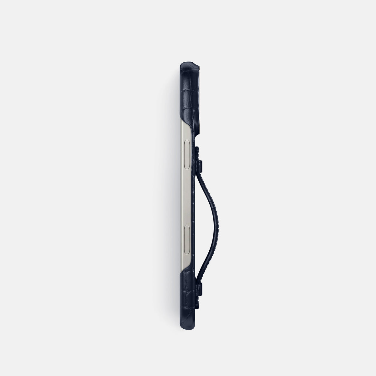 Navy Blue iPhone 16 Pro Centre Handle Case In Alligator with Steel Metal -3 | Navy-Blue-Steel