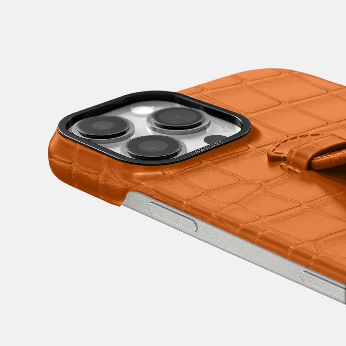Orange iPhone 16 Pro Centre Handle Case In Alligator with Black Metal -5 | Orange-Black