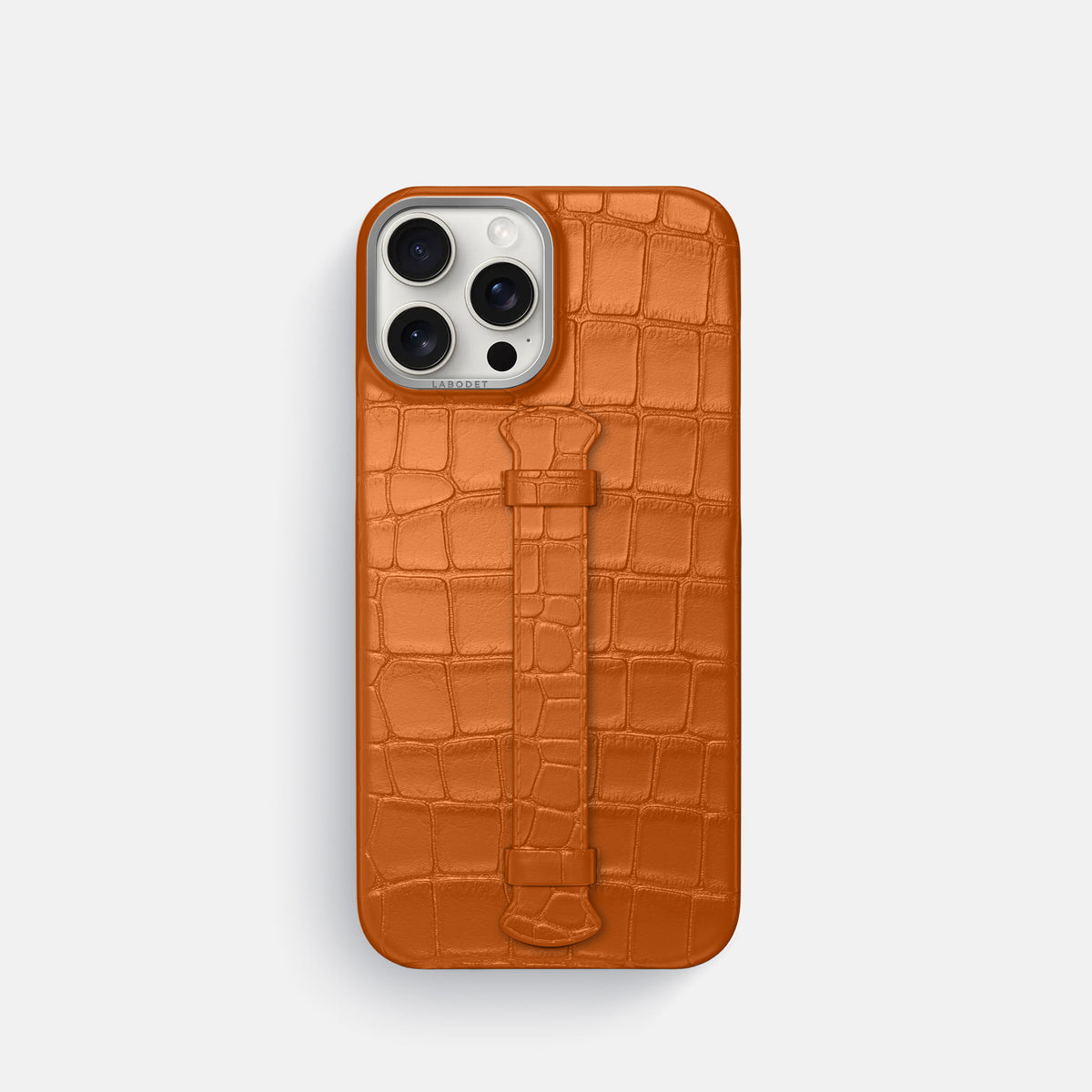 Orange iPhone 16 Pro Centre Handle Case In Alligator with Steel Metal -1 | Orange-Steel
