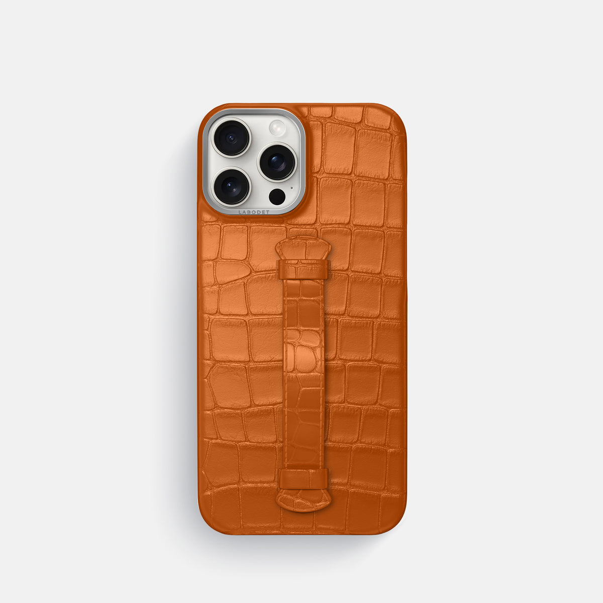Orange iPhone 16 Pro Centre Handle Case In Alligator with Steel Metal -2 | Orange-Steel