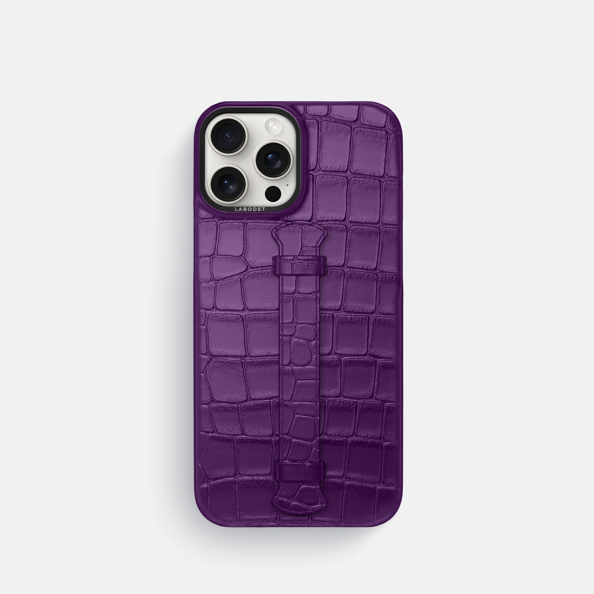 Purple iPhone 16 Pro Centre Handle Case In Alligator with Black Metal -1 | Purple-Black