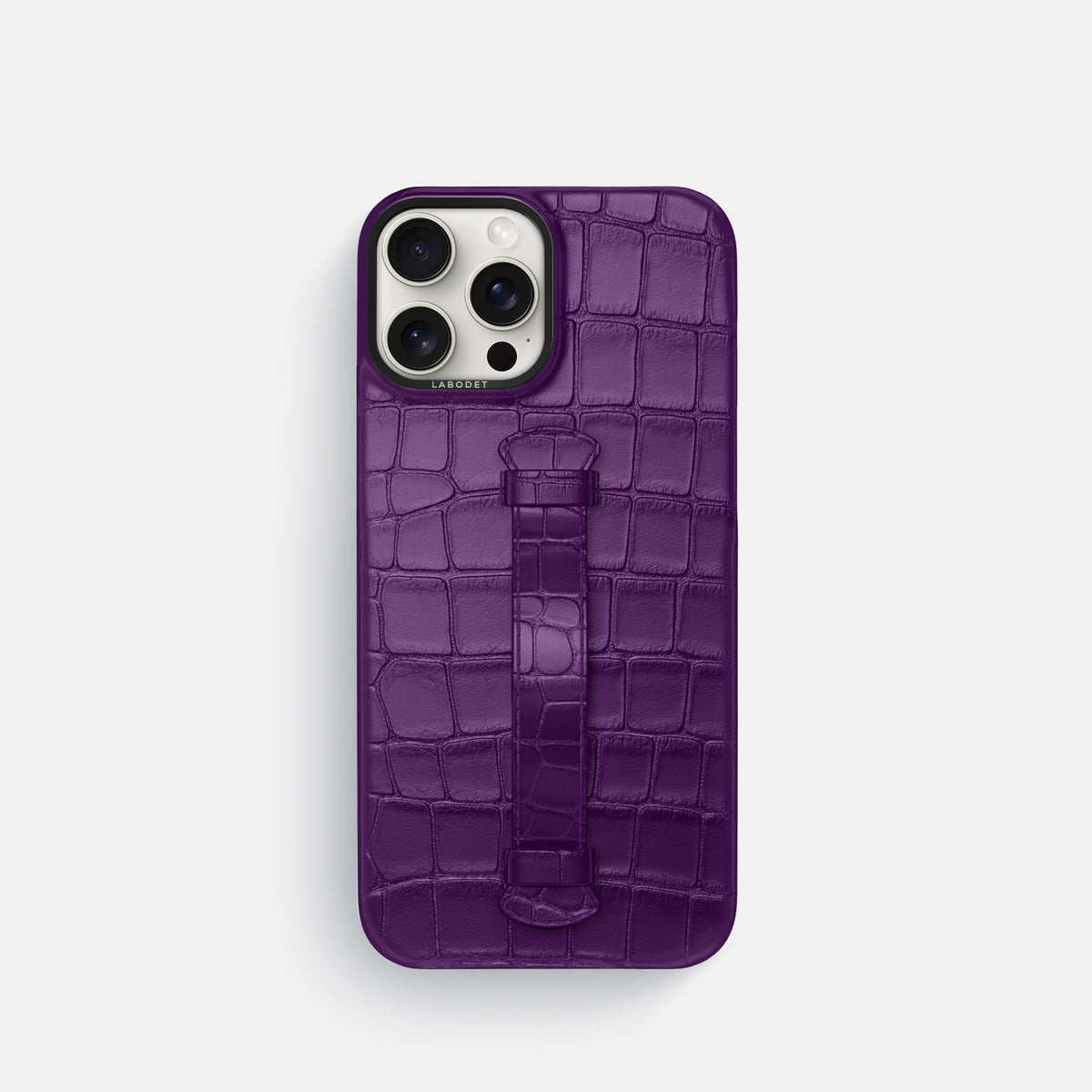 Purple iPhone 16 Pro Centre Handle Case In Alligator with Black Metal -2 | Purple-Black