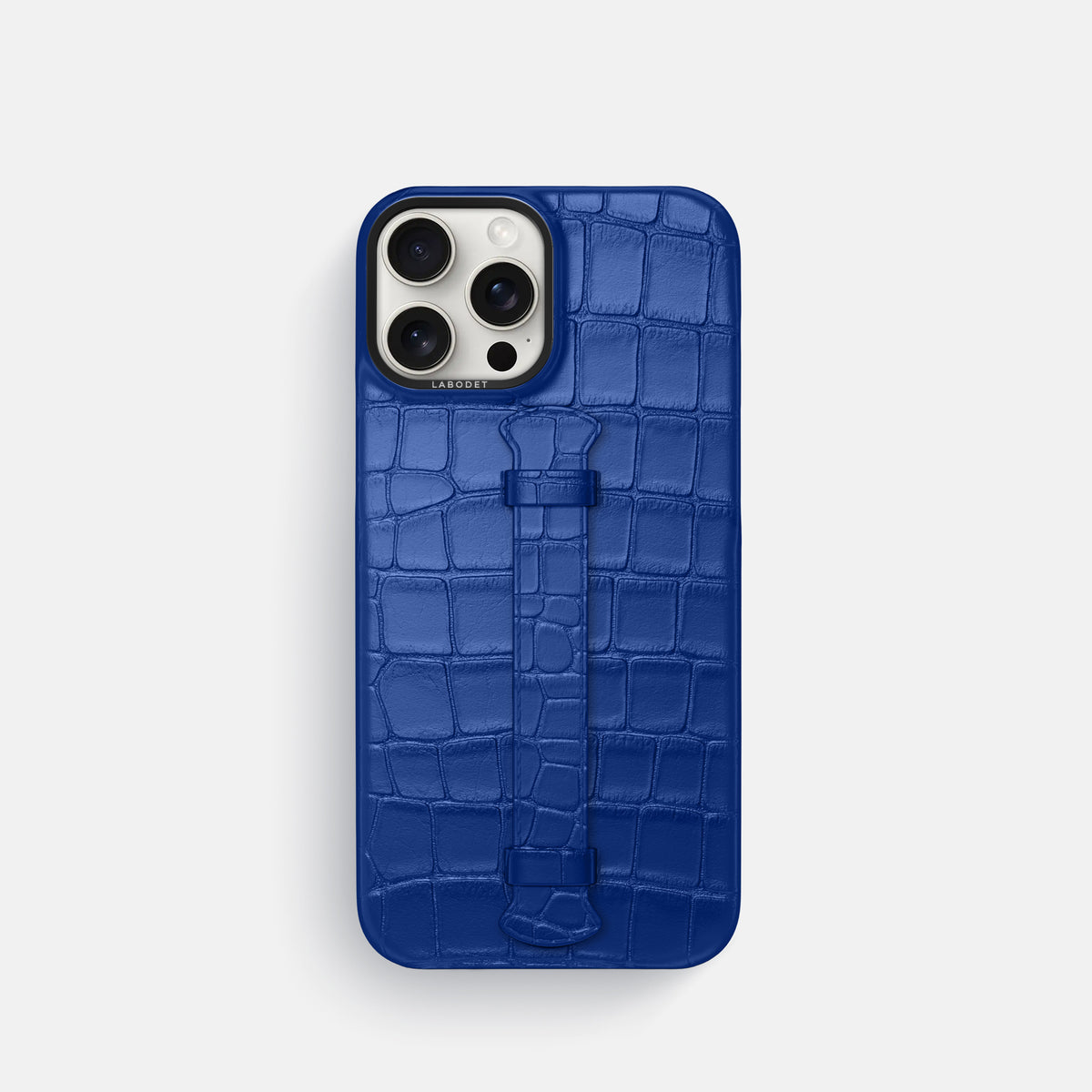 Royal Blue iPhone 16 Pro Centre Handle Case In Alligator with Black Metal -1 | Royal-Blue-Black