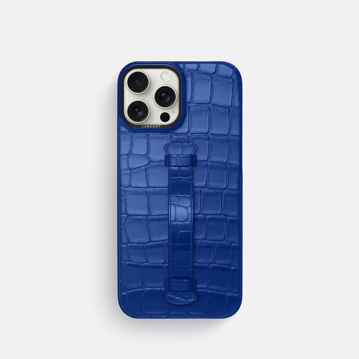 Royal Blue iPhone 16 Pro Centre Handle Case In Alligator with Black Metal -2 | Royal-Blue-Black