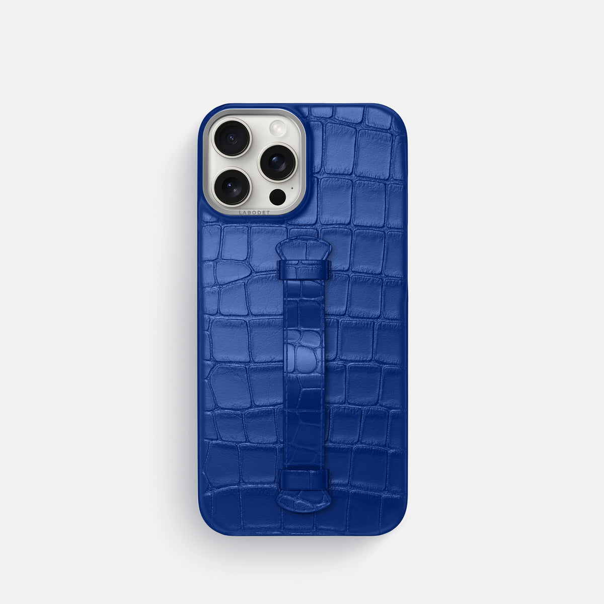 Royal Blue iPhone 16 Pro Centre Handle Case In Alligator with Steel Metal -2 | Royal-Blue-Steel