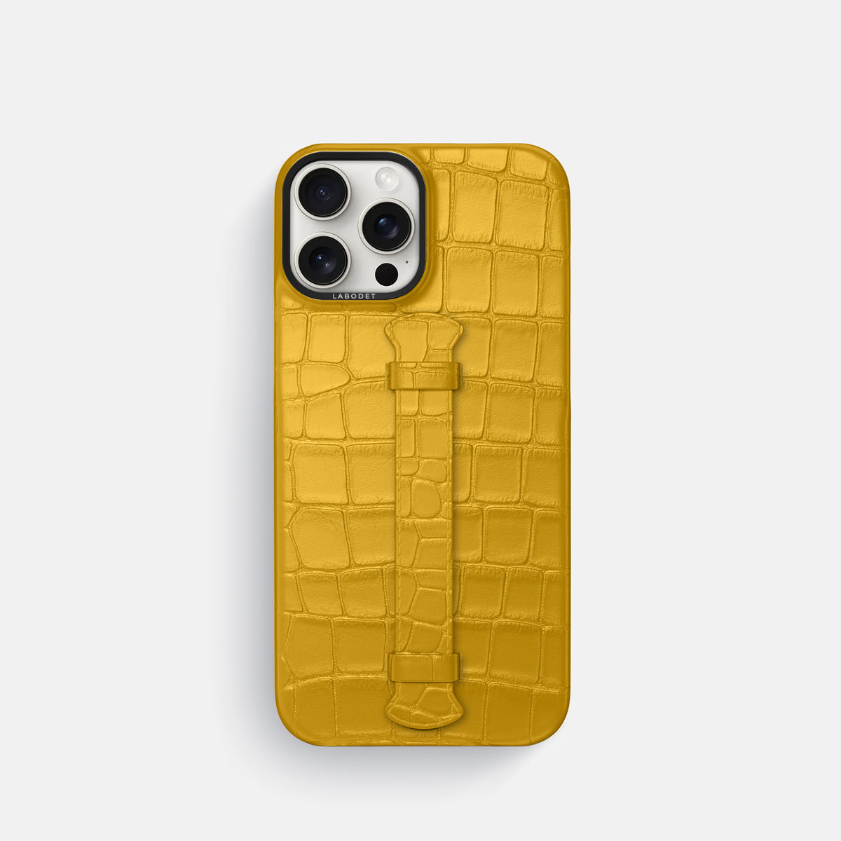 Yellow iPhone 16 Pro Centre Handle Case In Alligator with Black Metal -1 | Yellow-Black