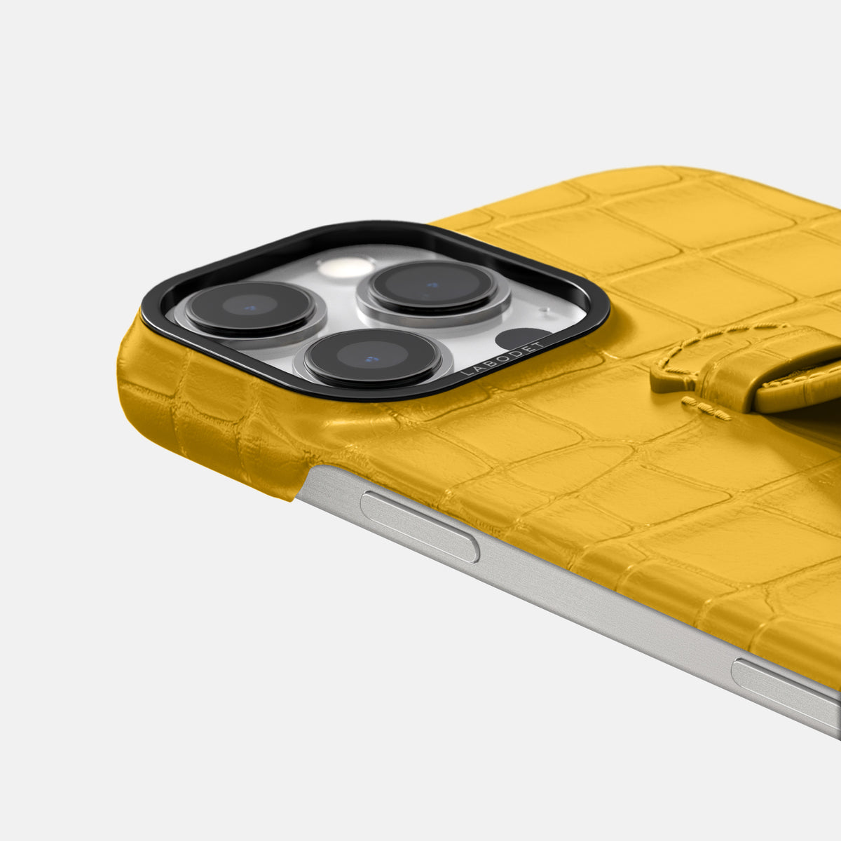 Yellow iPhone 16 Pro Centre Handle Case In Alligator with Black Metal -5 | Yellow-Black