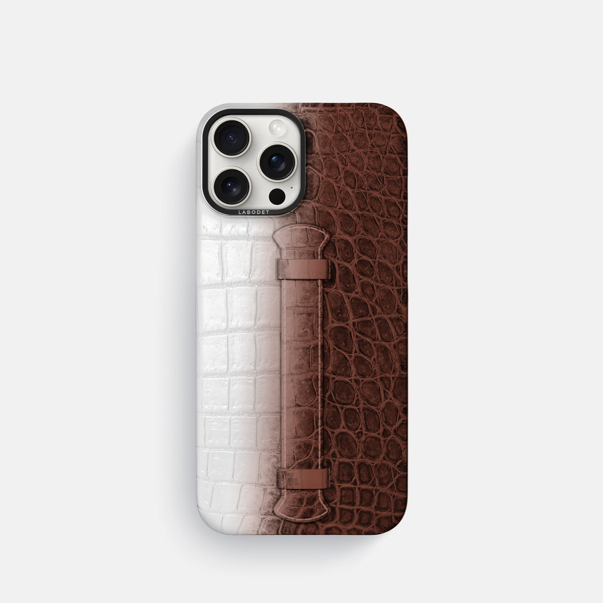 Dark Brown iPhone 16 Pro Center Handle Himalayan Crocodile with Black Metal -1 | Dark-Brown-Black