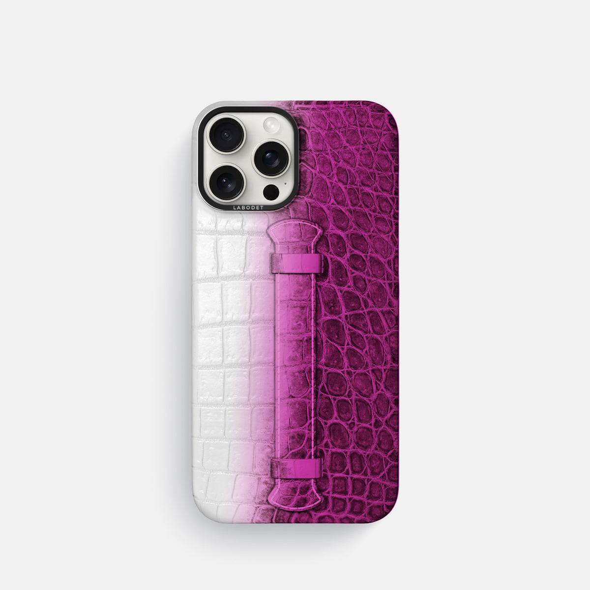 Fuchsia iPhone 16 Pro Center Handle Himalayan Crocodile with Black Metal -1 | Fuchsia-Black