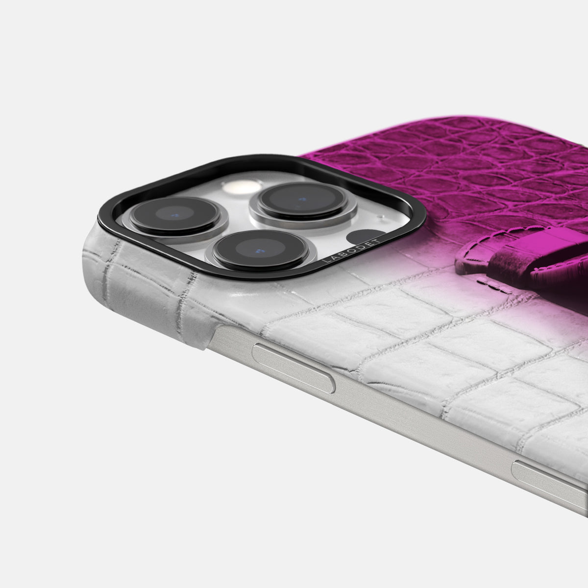 Fuchsia iPhone 16 Pro Center Handle Himalayan Crocodile with Black Metal -5 | Fuchsia-Black