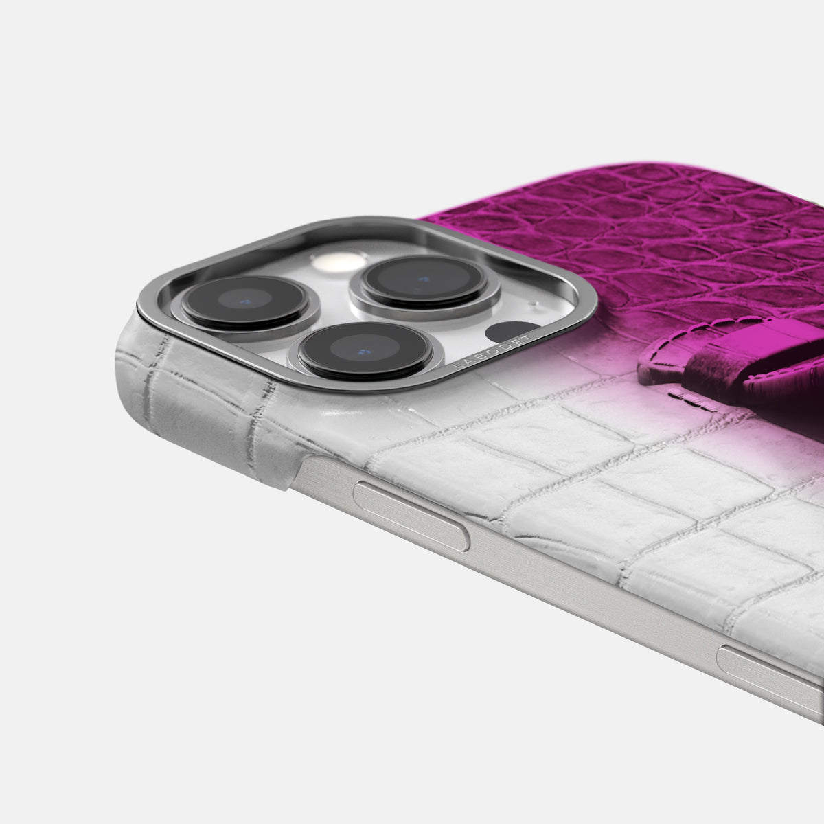 Fuchsia iPhone 16 Pro Center Handle Himalayan Crocodile with Steel Metal -5 | Fuchsia-Steel