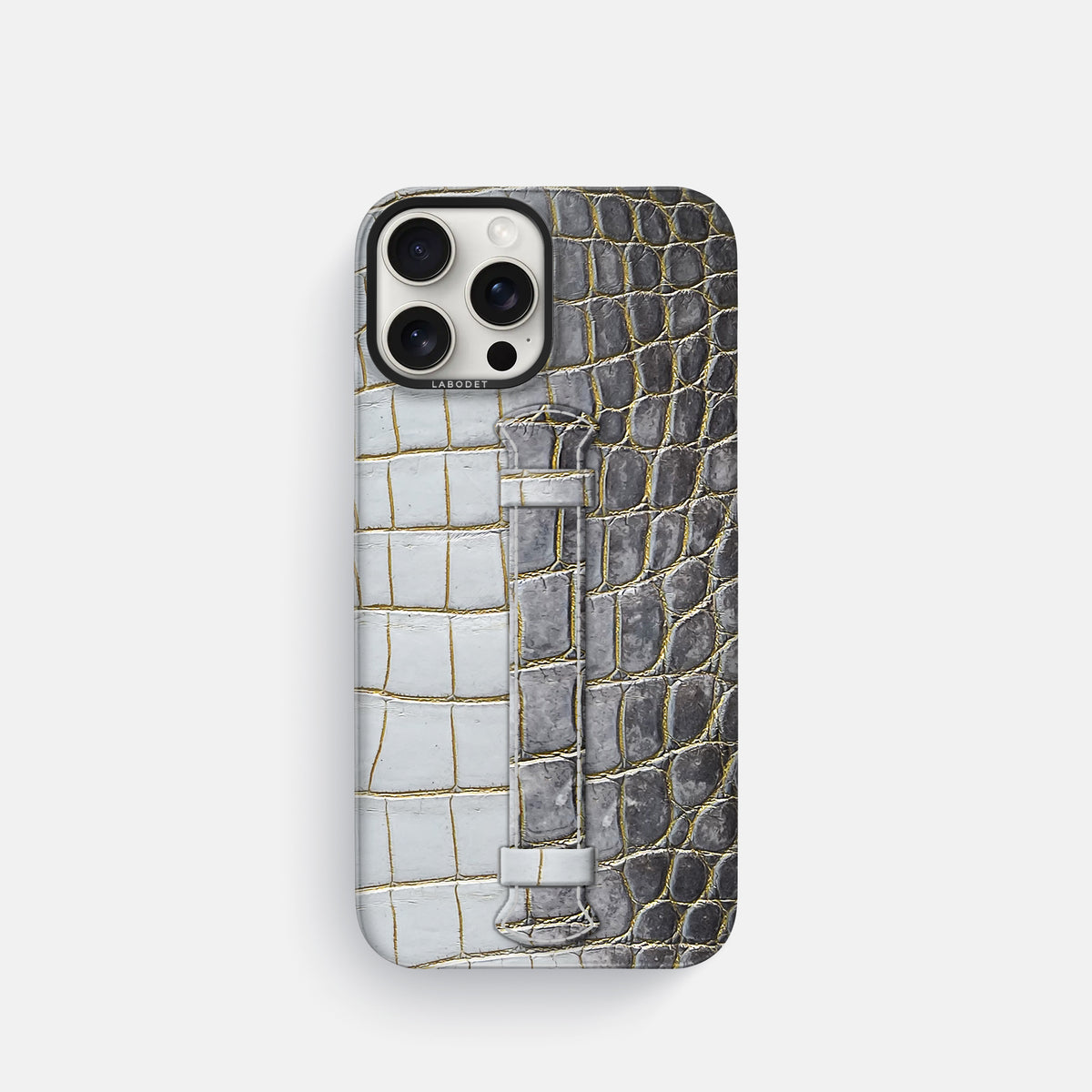 Gold iPhone 16 Pro Center Handle Himalayan Crocodile with Black Metal -1 | Gold-Black