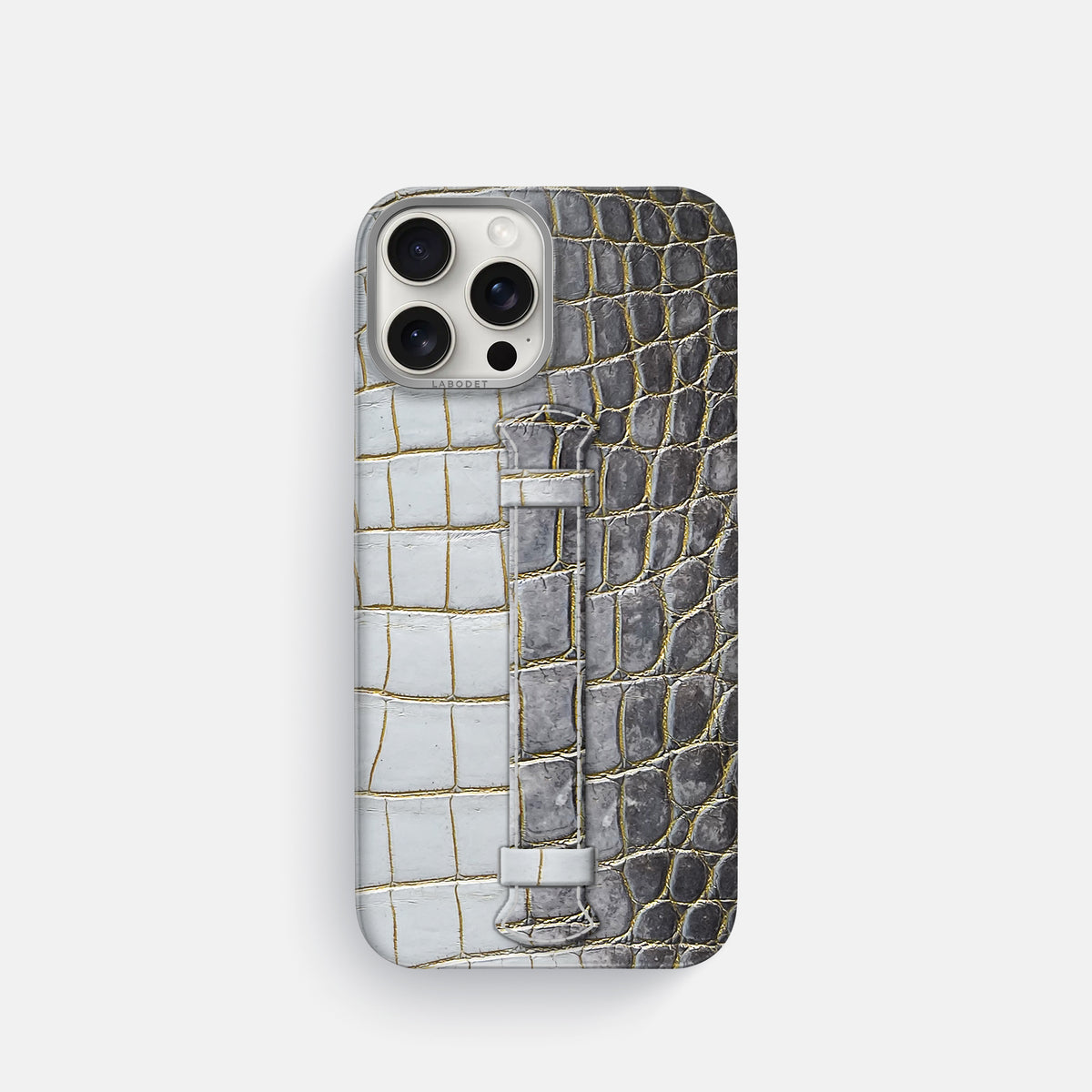 Gold iPhone 16 Pro Center Handle Himalayan Crocodile with Steel Metal -1 | Gold-Steel