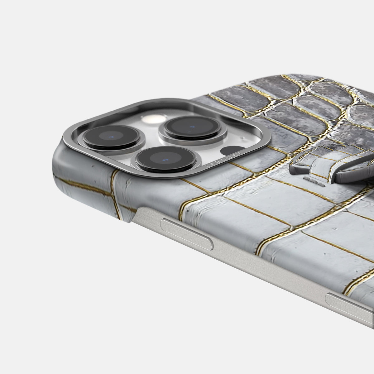 Gold iPhone 16 Pro Center Handle Himalayan Crocodile with Steel Metal -5 | Gold-Steel