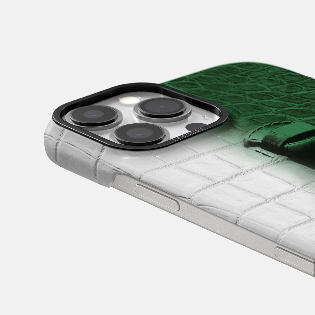 Green iPhone 16 Pro Center Handle Himalayan Crocodile with Black Metal -5 | Green-Black