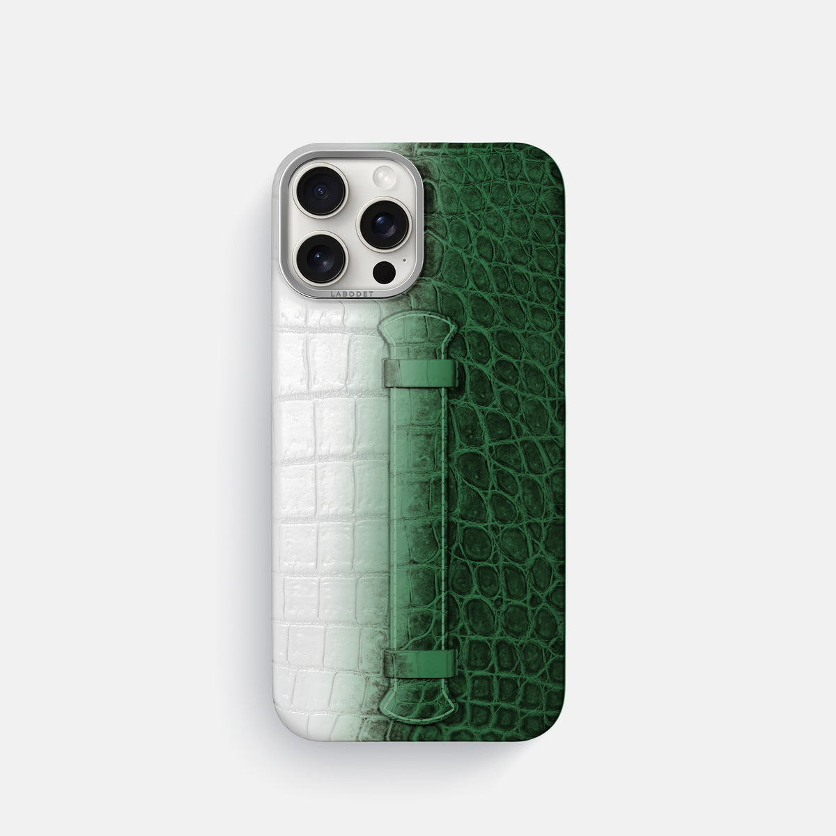 Green iPhone 16 Pro Center Handle Himalayan Crocodile with Steel Metal -1 | Green-Steel