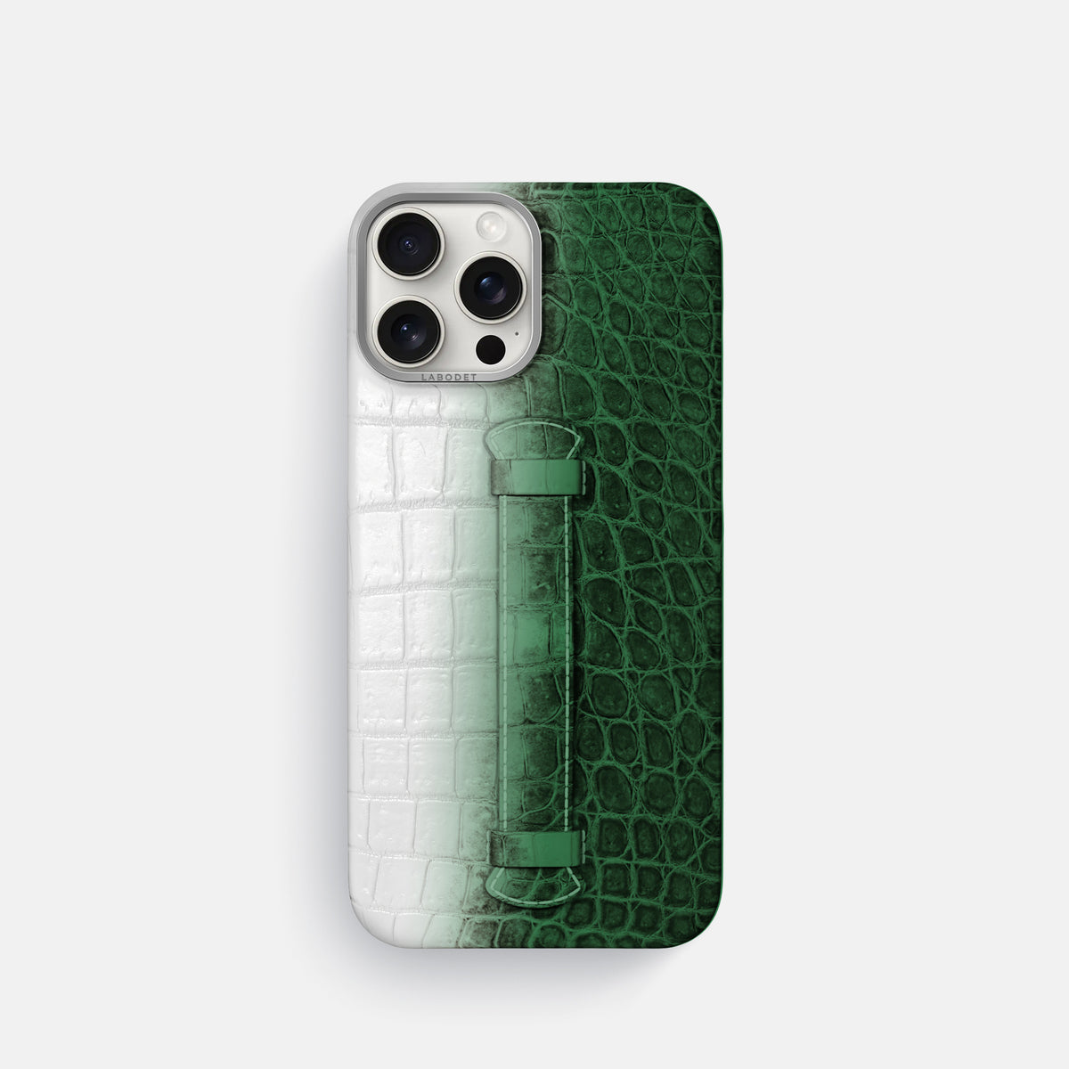Green iPhone 16 Pro Center Handle Himalayan Crocodile with Steel Metal -2 | Green-Steel