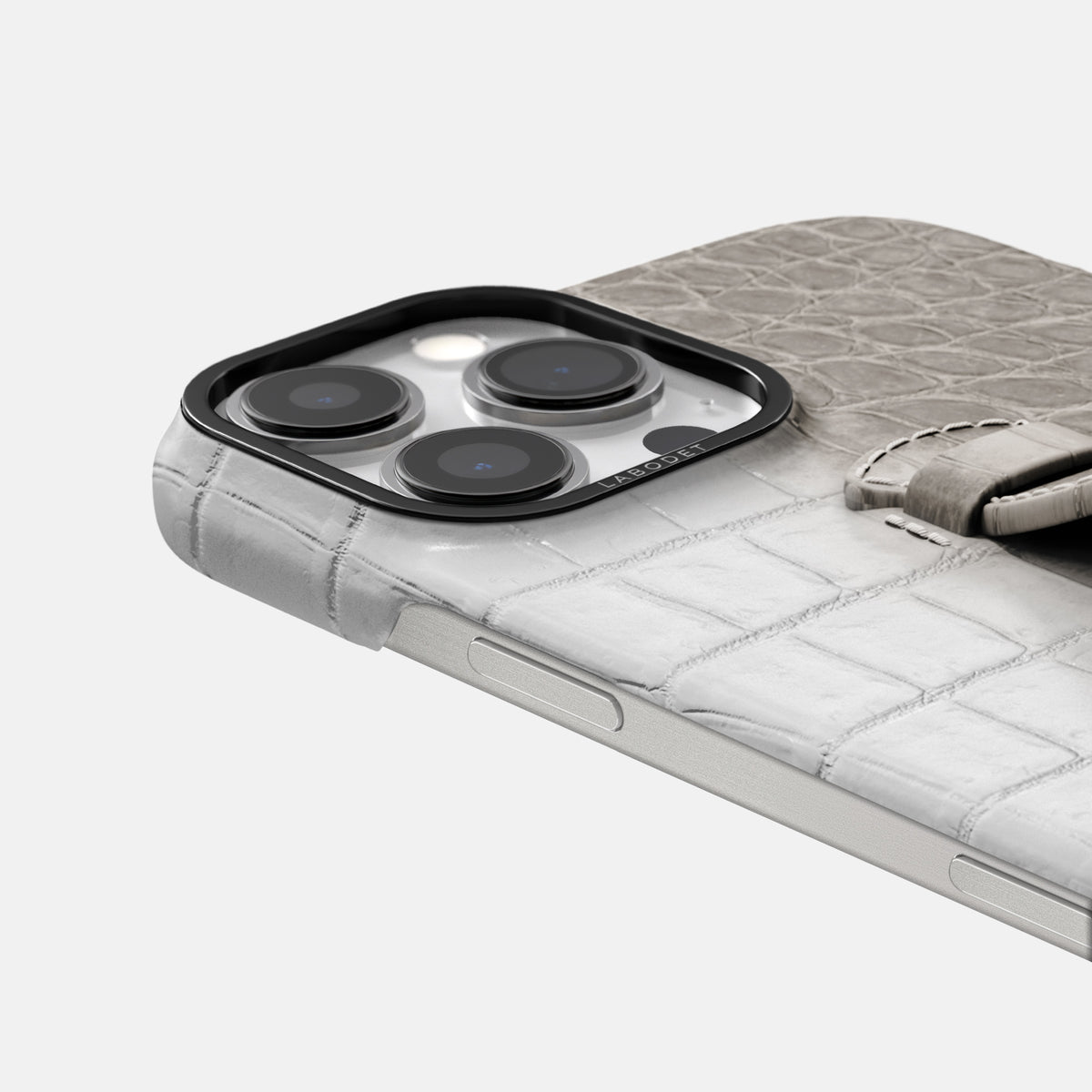 Grey iPhone 16 Pro Center Handle Himalayan Crocodile with Black Metal -5 | Grey-Black