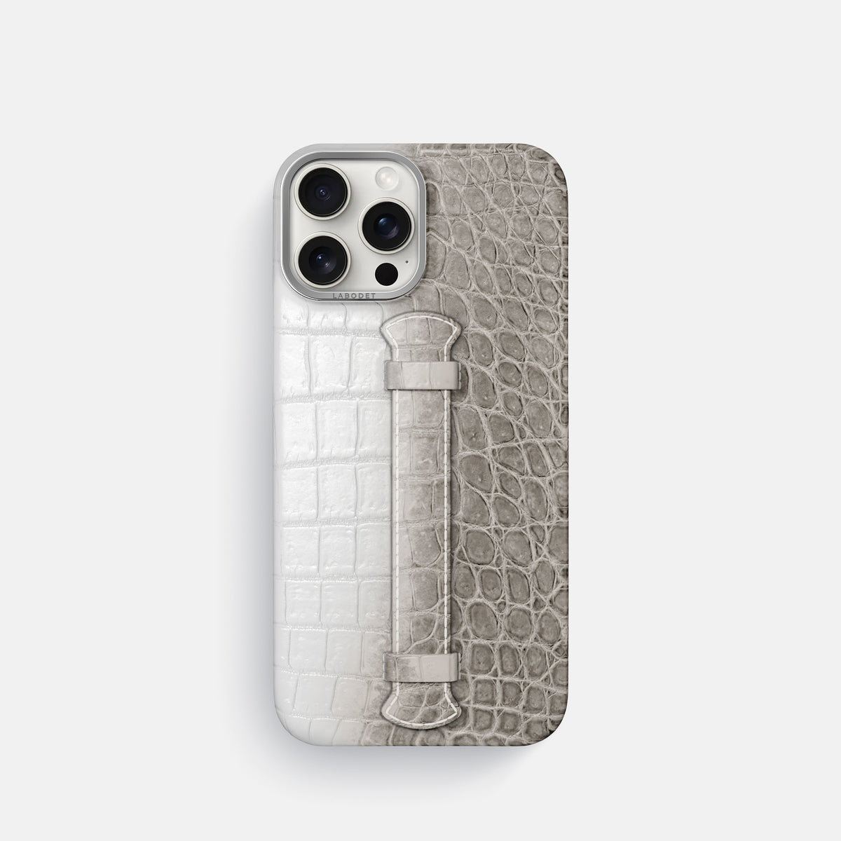 Grey iPhone 16 Pro Center Handle Himalayan Crocodile with Steel Metal -1 | Grey-Steel