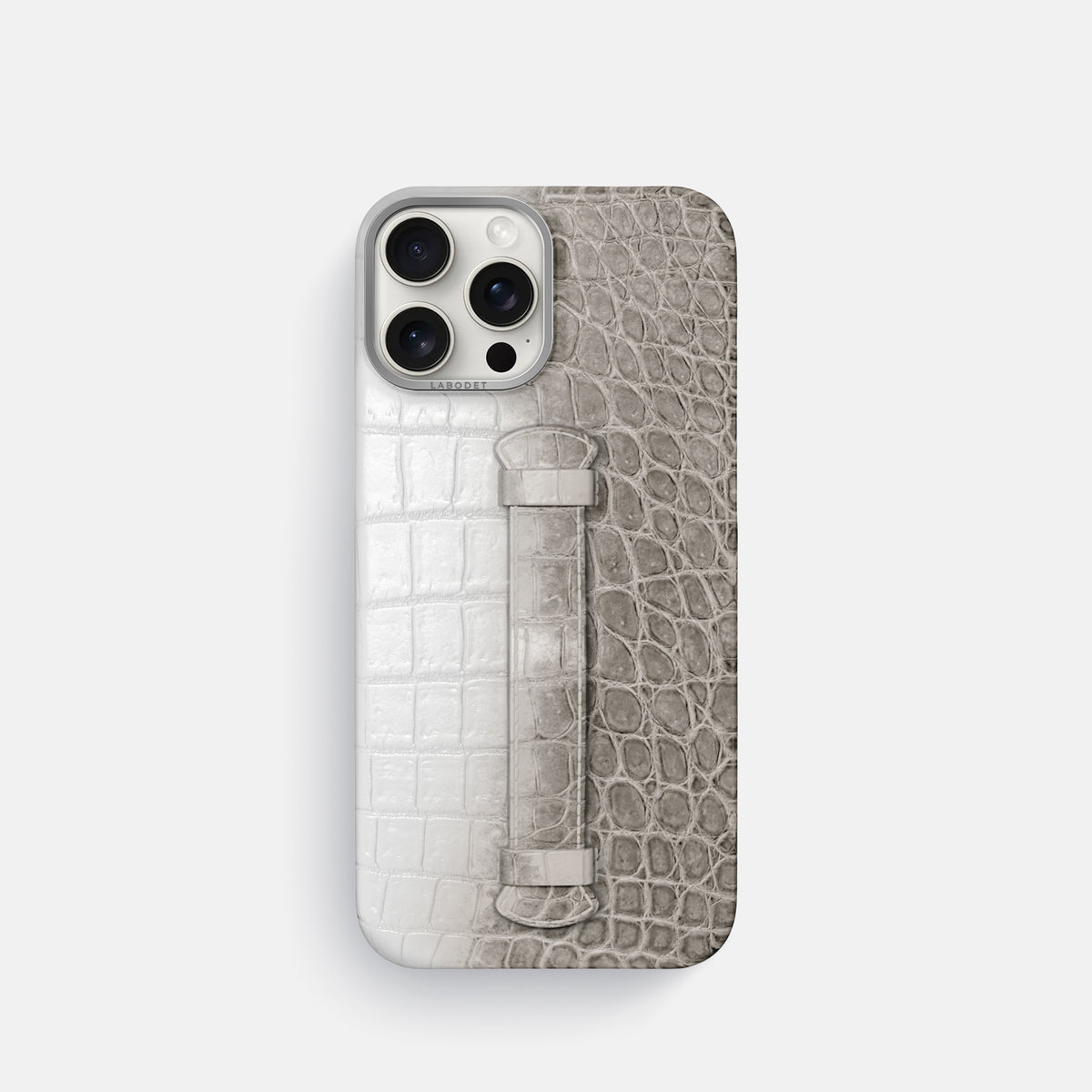 Grey iPhone 16 Pro Center Handle Himalayan Crocodile with Steel Metal -2 | Grey-Steel