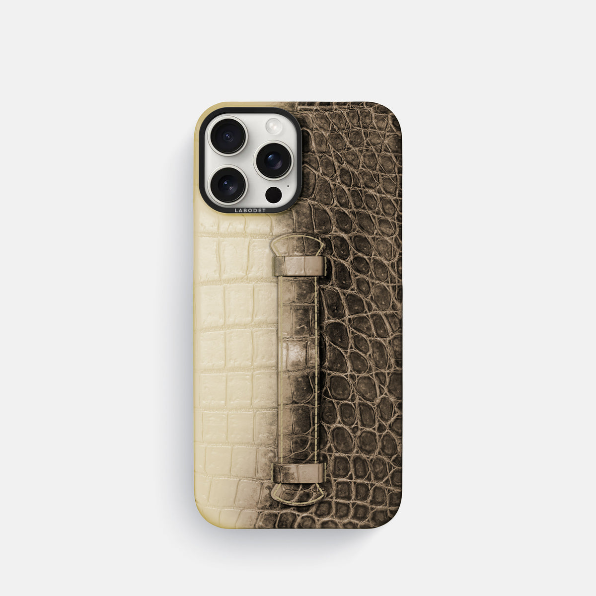 Natural iPhone 16 Pro Center Handle Himalayan Crocodile with Black Metal -2 | Natural-Black