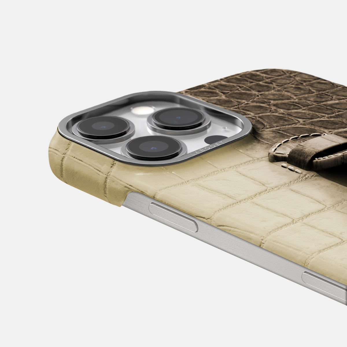 Natural iPhone 16 Pro Center Handle Himalayan Crocodile with Steel Metal -5 | Natural-Steel