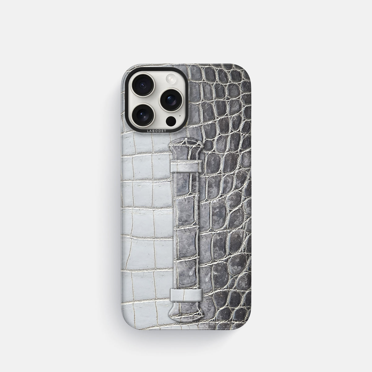 Silver iPhone 16 Pro Center Handle Himalayan Crocodile with Black Metal -1 | Silver-Black