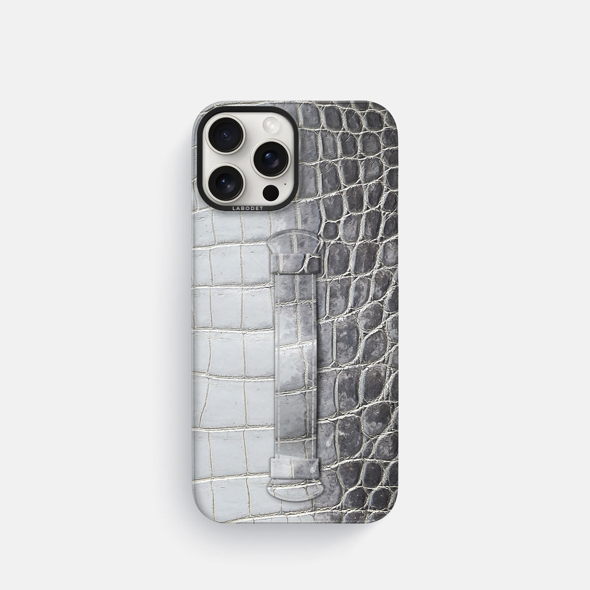 Silver iPhone 16 Pro Center Handle Himalayan Crocodile with Black Metal -2 | Silver-Black