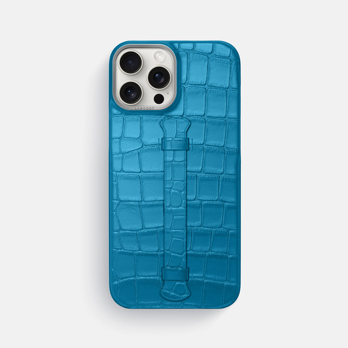 Curaçao-Blue iPhone 16 Pro Max Center Handle Alligator with Steel Metal -1 | Curaçao-Blue-Steel