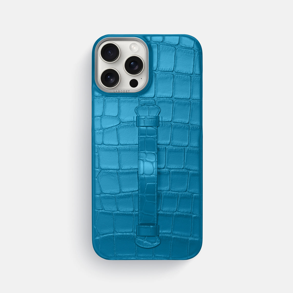 Curaçao-Blue iPhone 16 Pro Max Center Handle Alligator with Steel Metal -2 | Curaçao-Blue-Steel