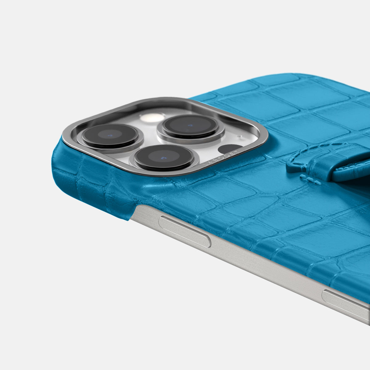 Curaçao-Blue iPhone 16 Pro Max Center Handle Alligator with Steel Metal -5 | Curaçao-Blue-Steel