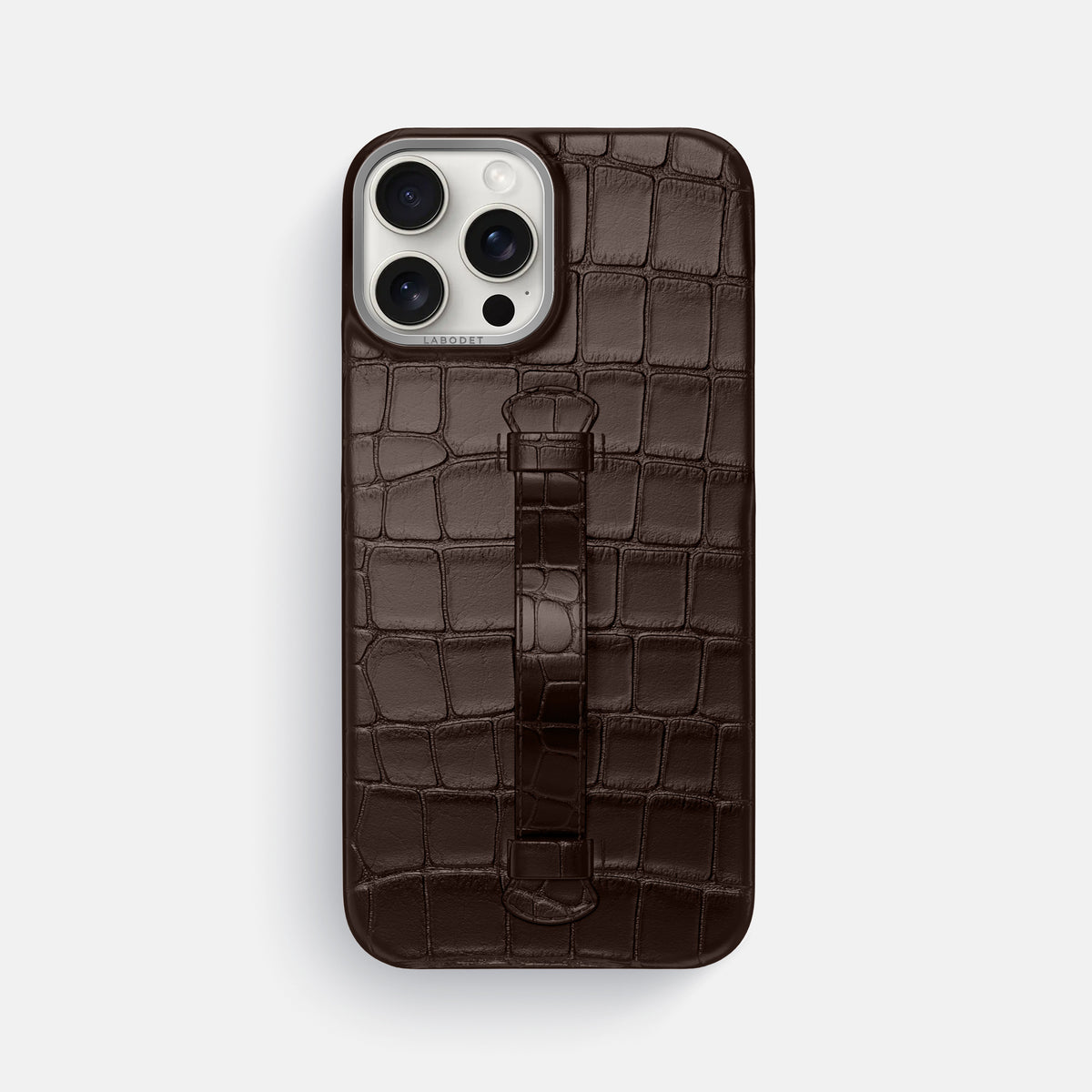 Dark-Brown iPhone 16 Pro Max Center Handle Alligator with Steel Metal -2 | Dark-Brown-Steel
