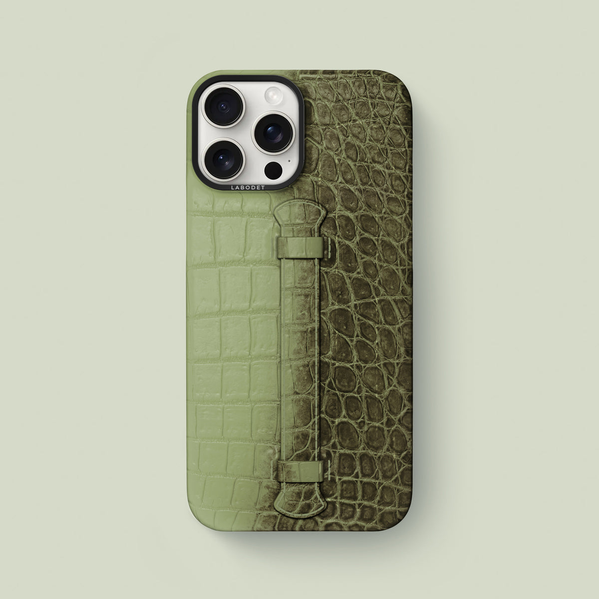 Center Handle For iPhone 16 Pro Max Celadon Green In Himalayan Crocodile with Black Metal -1 | Celadon-Green-Black