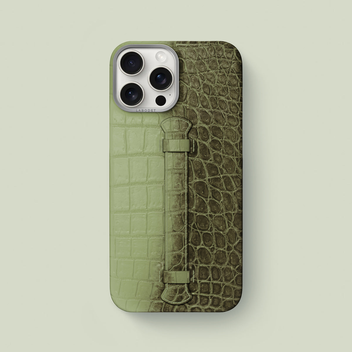 Center Handle For iPhone 16 Pro Max Celadon Green In Himalayan Crocodile with Steel Metal -1 | Celadon-Green-Steel