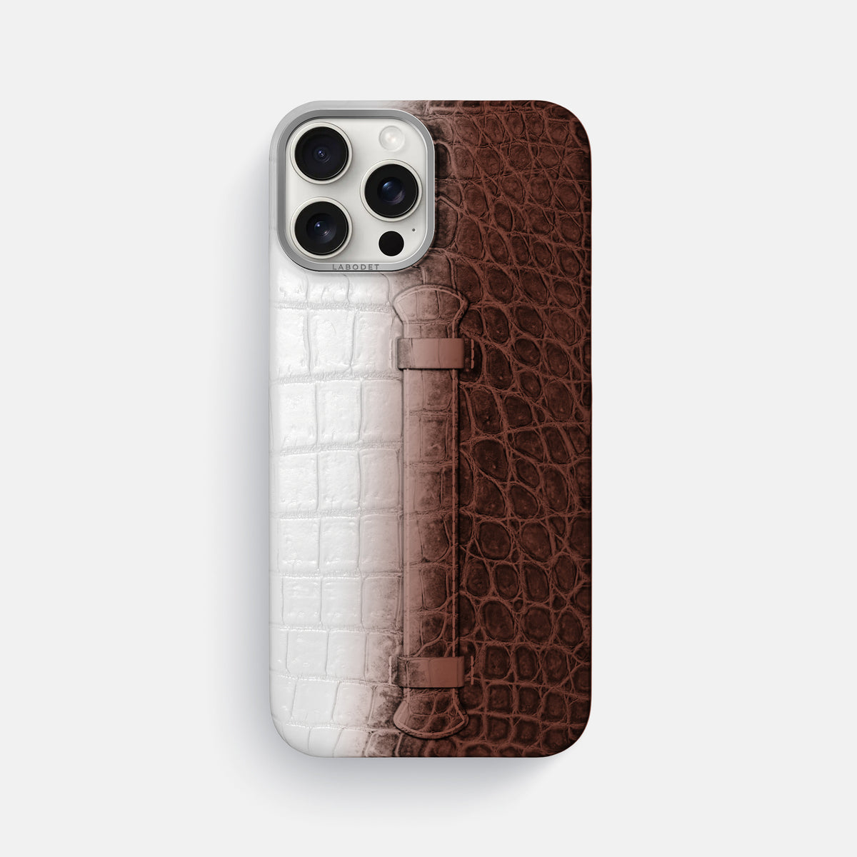 Dark Brown iPhone 16 Pro Max Center Handle Himalayan Crocodile with Steel Metal -1 | Dark-Brown-Steel