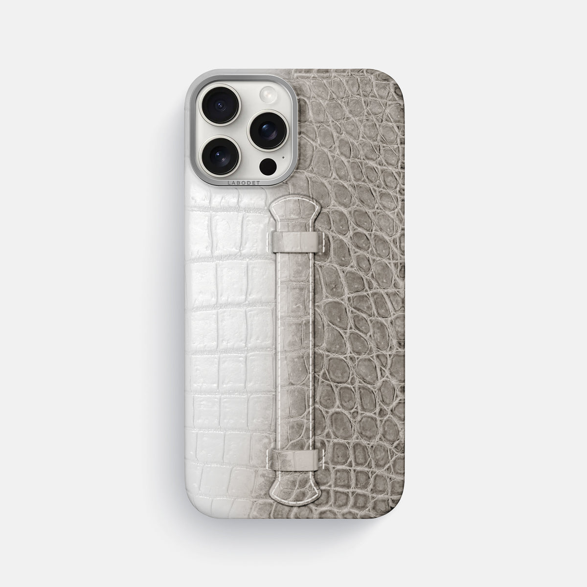 Grey iPhone 16 Pro Max Center Handle Himalayan Crocodile with Steel Metal -1 | Grey-Steel