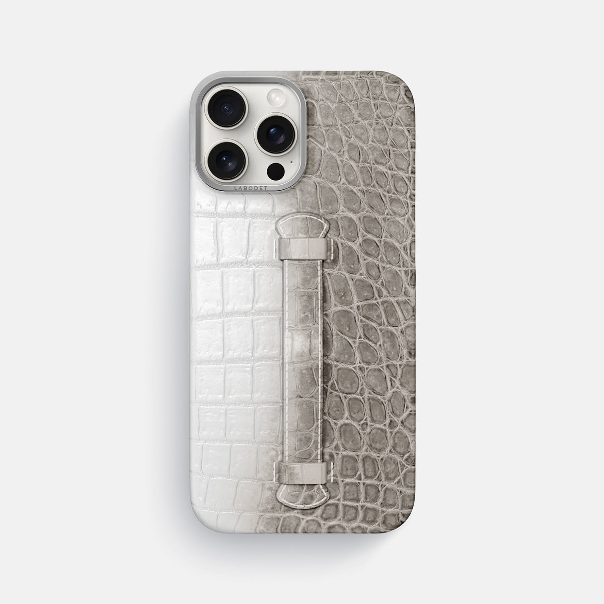 Grey iPhone 16 Pro Max Center Handle Himalayan Crocodile with Steel Metal -2 | Grey-Steel